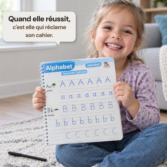 Ein Kind zeigt die Buchstabenseite, die es gerade nachgespurt hat