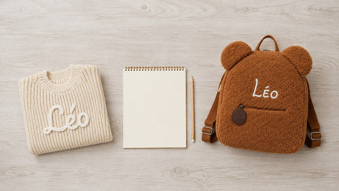 Baby-Erstausstattung: Pullover und Rucksack mit besticktem Namen