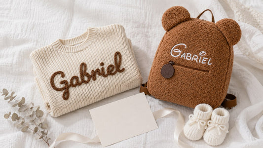 Geschenk zur Geburt: Babypullover und Teddy-Rucksack mit besticktem Namen