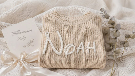 Baby-Erstausstattung: Babypullover mit besticktem Namen und Karte „Willkommen Baby“