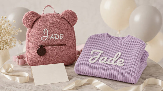 Babyparty-Geschenk: Rucksack und Pullover mit besticktem Namen