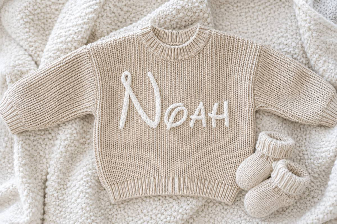 Babypullover mit besticktem Namen als Geschenk zur Geburt