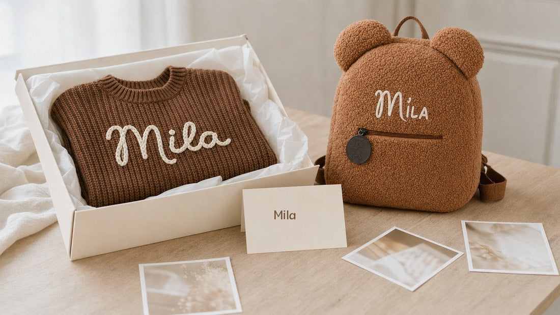 Erinnerungsstück: Babypullover mit besticktem Namen in der Box