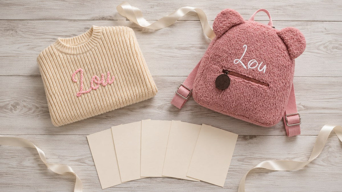 Geschenk zur Geburt: zwei Teile mit besticktem Namen