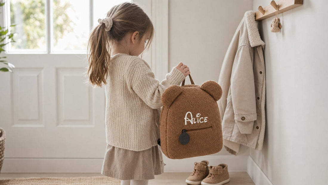 Kita-Eingewöhnung: Kind mit personalisiertem Rucksack am ersten Tag