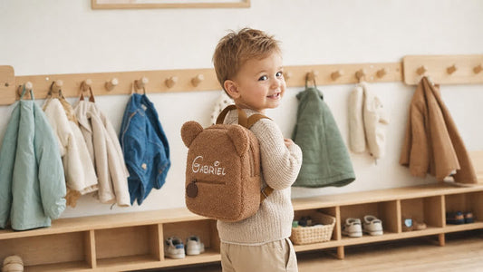 Kind mit Rucksack und besticktem Namen draußen unterwegs