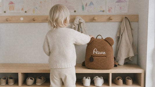 Kind an der Kita-Garderobe mit personalisiertem Rucksack