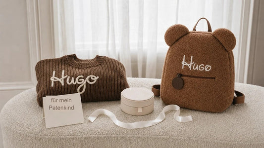 Patengeschenk mit Namen: bestickter Pullover und Rucksack mit Karte „für mein Patenkind“