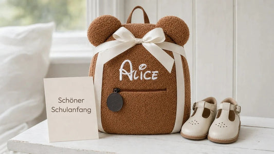 Geschenk zur Einschulung: personalisierter Rucksack mit besticktem Namen und Karte „Schöner Schulanfang“