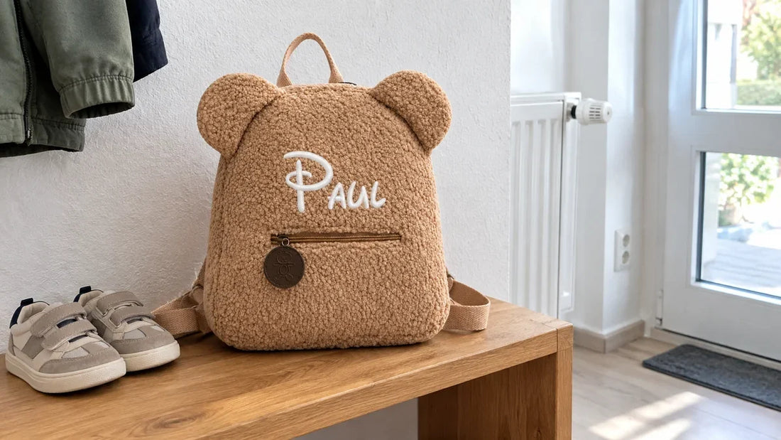 Kleiner beiger Rucksack aus Teddyfleece auf einer Holzbank im Hausflur