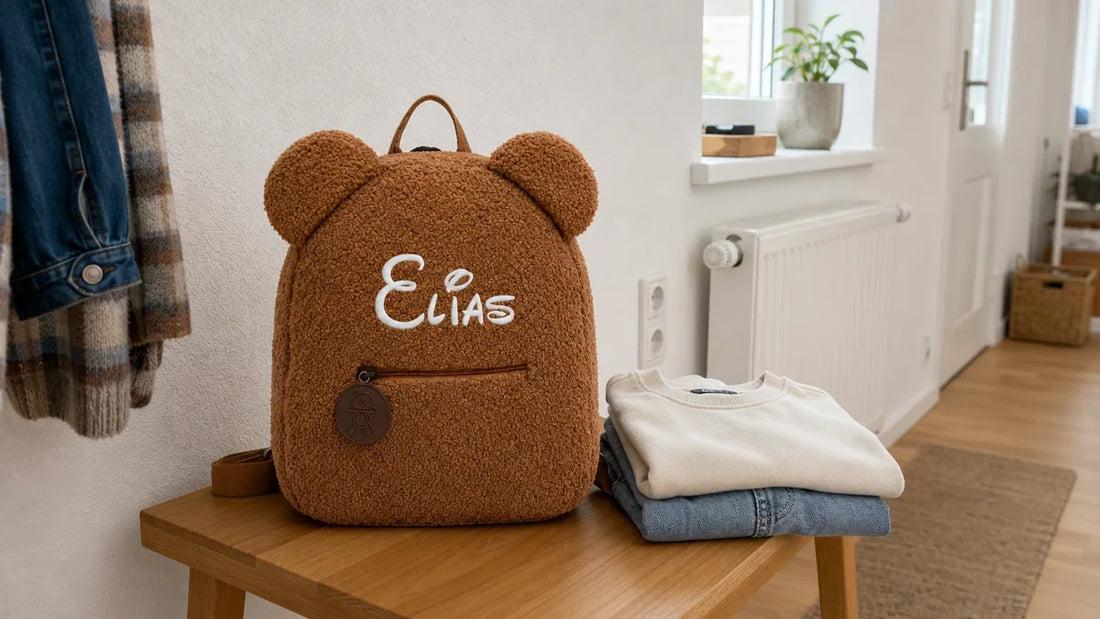 Teddy-Rucksack mit besticktem Namen steht auf einer Holzbank im Flur für den Ausflug bereit