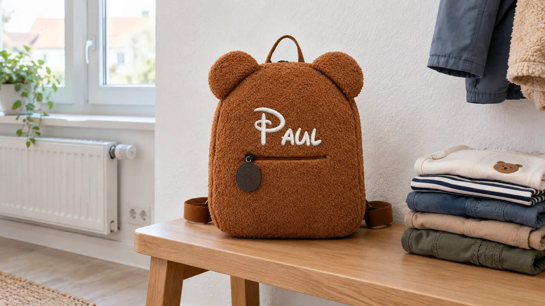 Personalisierter Teddy-Rucksack aus Plüsch mit besticktem Namen auf einer Holzbank im Eingangsbereich