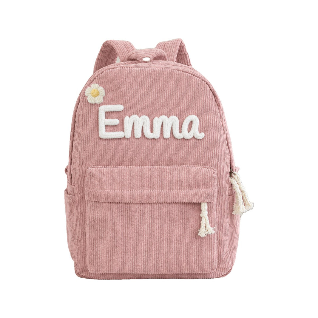 Personalisierter Kordsamt-Rucksack, Name von Hand bestickt