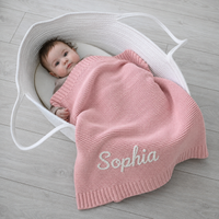 Baby im Stubenkorb mit gestrickter Babydecke in Rosé, Name Sophia von Hand im Kettenstich bestickt