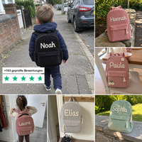 Kundenfotos: sechs personalisierte Kordsamt-Rucksäcke mit den bestickten Namen Noah, Hannah, Paula, Laura, Elias und Sophia